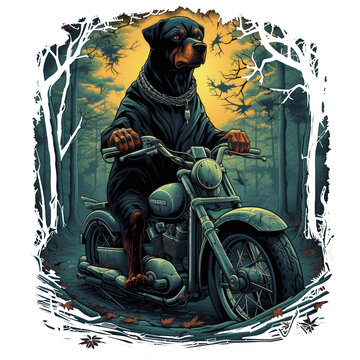 A stoic Rottweiler Dog, perched atop a sleek motorcycle, cruising along a dark and eerie forest filled with twisted trees and ominous shadows, capturing the dog's fearless , Generative Ai