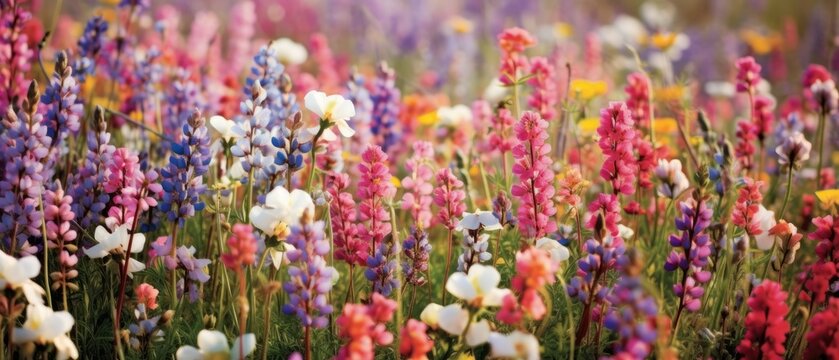 Photograph of a dense and colourful field flowers. Gorgeous floral background. Beautiful illustration, elegant wallpaper texture, backgrounds, web, banner graphics. Generative AI. 