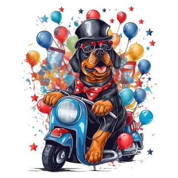 A humorous patriotic t-shirt design with a Rottweiler Dog on a scooter, wearing a bowtie and a top hat, surrounded by balloons and confetti, the background showcasing a festive parad, Generative Ai