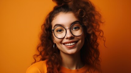 Portrait of a beautiful young girl on an orange background.Generative Ai