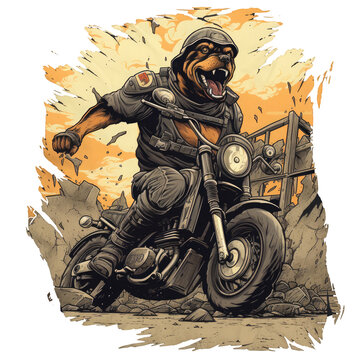 An epic t-shirt design featuring a Rottweiler Dog on a motorcycle, racing across a post-apocalyptic wasteland, with ruins, debris, and danger at every turn, Generative Ai