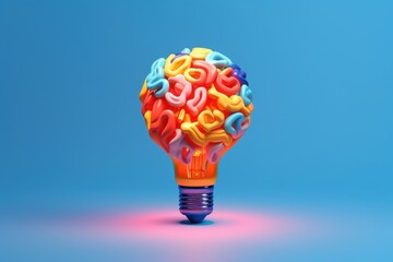 Lightbulb as brain shape blue background, creative ideas and brainstorming concept. Generative AI