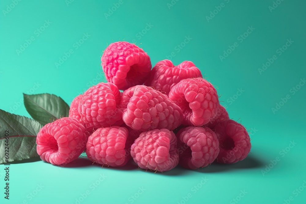 Poster a mound of raspberry clusters resting next to a single leaf generative ai
