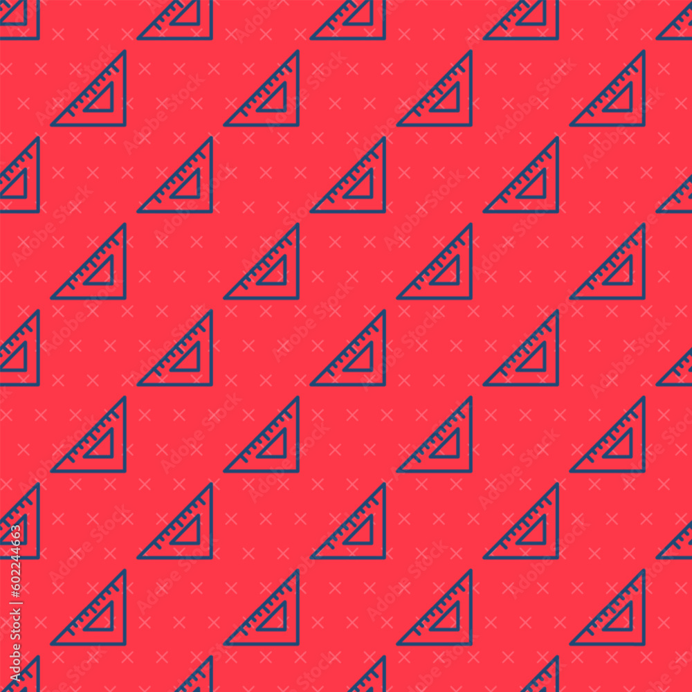 Poster Blue line Triangular ruler icon isolated seamless pattern on red background. Straightedge symbol. Geometric symbol. Vector