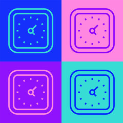 Pop art line Clock icon isolated on color background. Time symbol. Vector