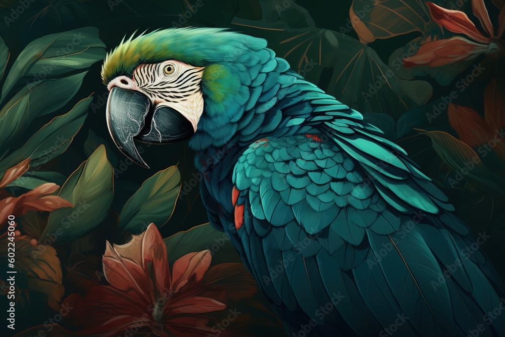 Poster a parrot with blue and green feathers perched on the branch of a tree generative ai
