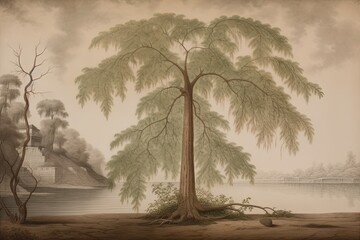 Bald Cypress Drawing: A Serene and Tranquil Brown-Green Masterpiece with Intricate Details and Delicate Linework, generative AI