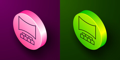 Isometric line Cinema auditorium with screen icon isolated on purple and green background. Circle button. Vector