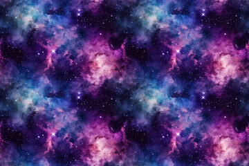 Fototapeta na wymiar Dark blue seamless pattern of a starry galaxy with clouds. Generative AI illustration