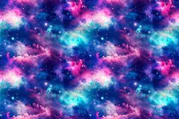 Obraz na płótnie Canvas Dark blue seamless pattern of a starry galaxy with clouds. Generative AI illustration
