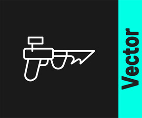 White line Fishing harpoon icon isolated on black background. Fishery manufacturers for catching fish under water. Diving underwater equipment. Vector