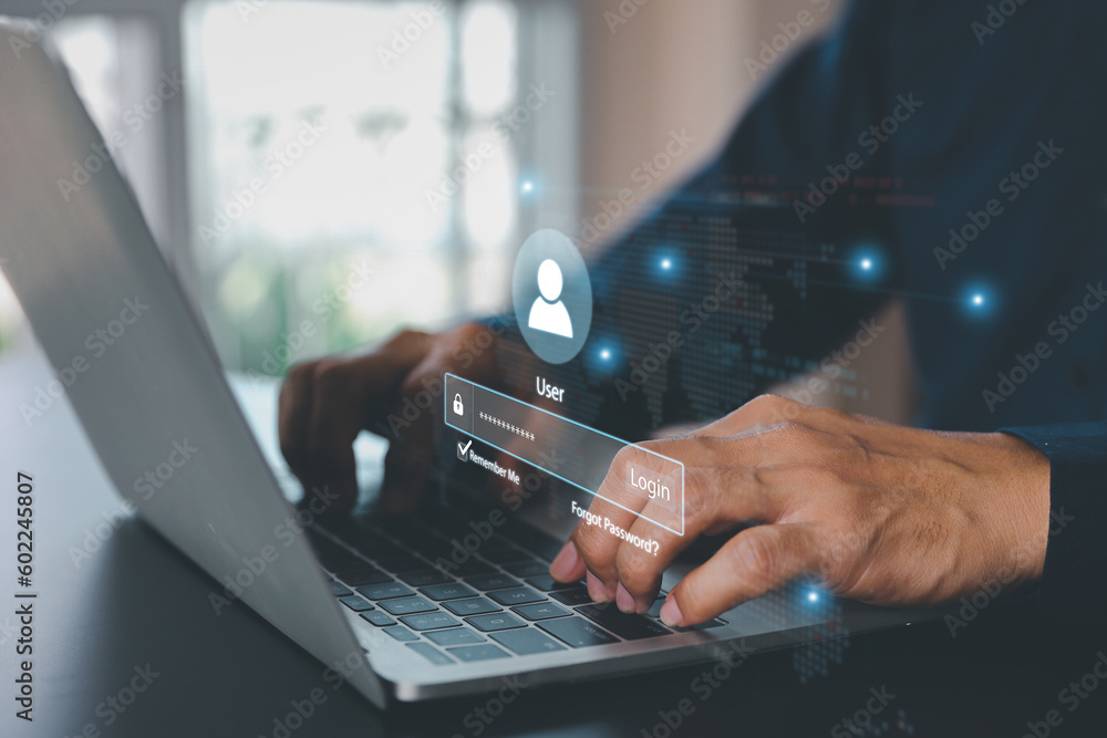 Poster businessman use laptop login register username and password identity on webpage concepts of cyber se