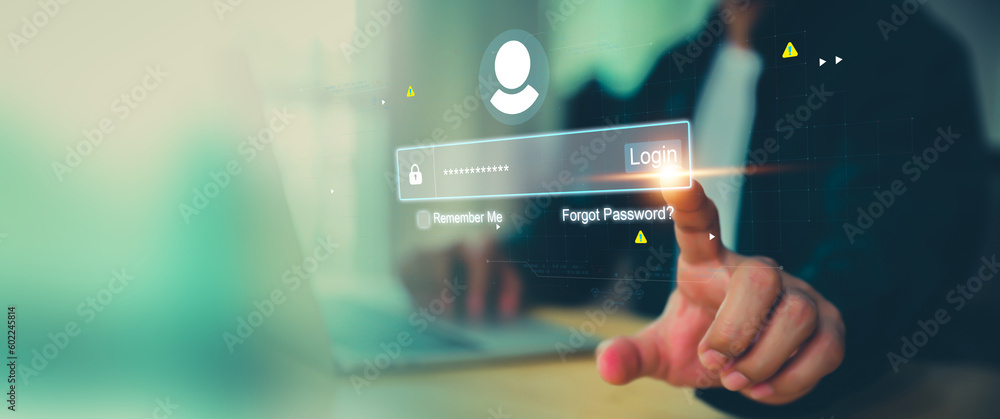 Poster businessman use laptop login register username and password identity on webpage concepts of cyber se