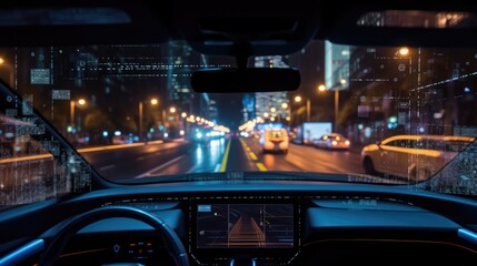 Autonomous driving, self-driving car drives itself in the city at night without human control.  Driver-less or robotic vehicle (robo-car). Generative AI