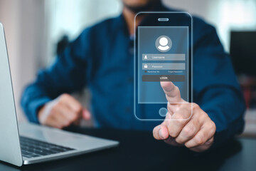 Businessman use laptop login register username and password identity on webpage concepts of cyber security, internet access, join social or personal data protection or forget pass key unlock.