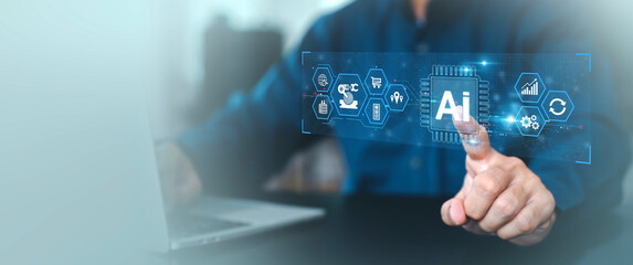 Obraz premium AI learning and business artificial intelligence system for cyber digital transformation technology of ideas and global or Use Ai for Data analysis, processing and management internet of things IoT