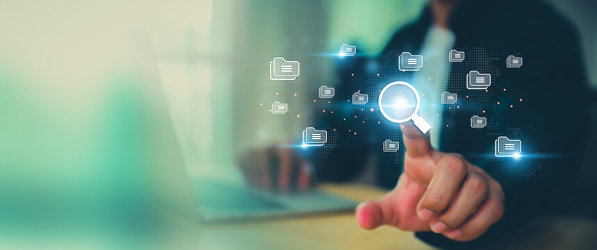 Data document content management system search and online file transfer download or doc sharing and database digital cloud drive storage service on computer network technology analytics concepts