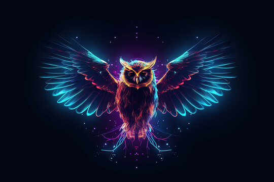Image of an owl flapping wings with light that is in the digital world on a dark background. Birds. Wildlife Animals. Illustration, generative AI..
