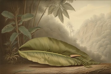 Serene and Delicate: Intricate Details of a Tranquil Green Banana Leaf Drawing, generative AI
