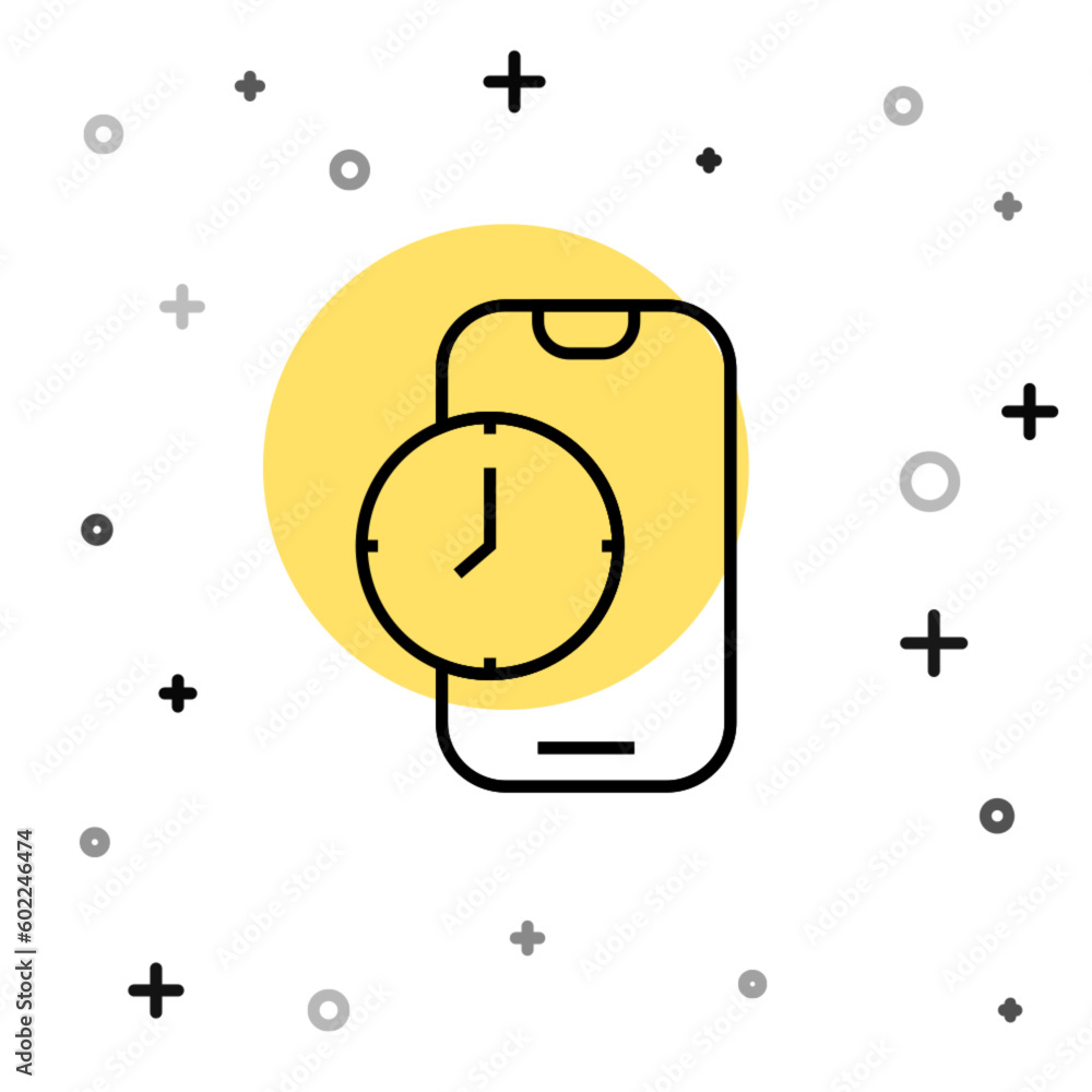 Poster black line alarm clock app smartphone interface icon isolated on white background. random dynamic sh