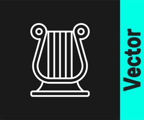 White line Ancient Greek lyre icon isolated on black background. Classical music instrument, orhestra string acoustic element. Vector
