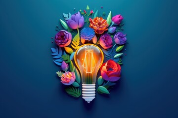 Eco friendly lightbulb with flowers blue background, Renewable and sustainable energy. Generative AI