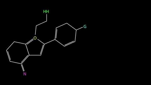 Structural chemical formula. Typing chemical reaction on black background. Molecular Structure Symbol. 60 fps 3D animation