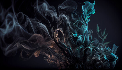 smoke abstractions forming whimsical shapes on a dark background.