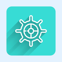 White line Ship steering wheel icon isolated with long shadow background. Green square button. Vector