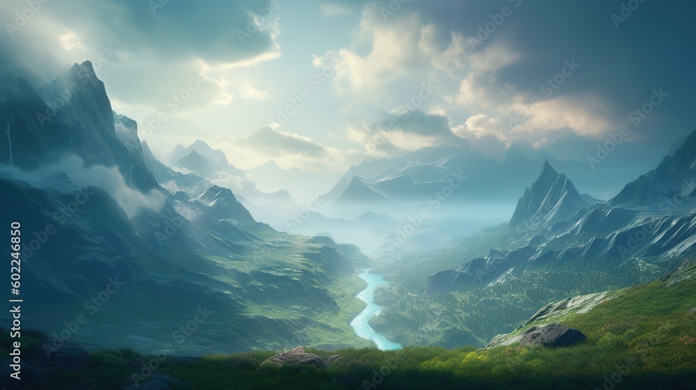 Poster an image depicting a mountain valley with a river cutting across the middle of it generative ai