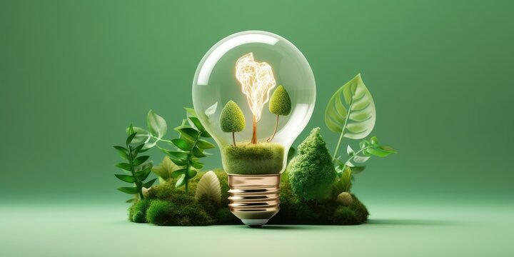 Eco Friendly Lightbulb With Plants Green Background, Renewable And Sustainable Energy. Generative AI