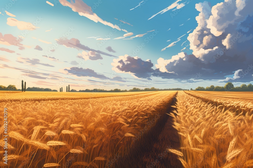 Poster an image depicting a wheat field with an overcast sky as the backdrop generative ai