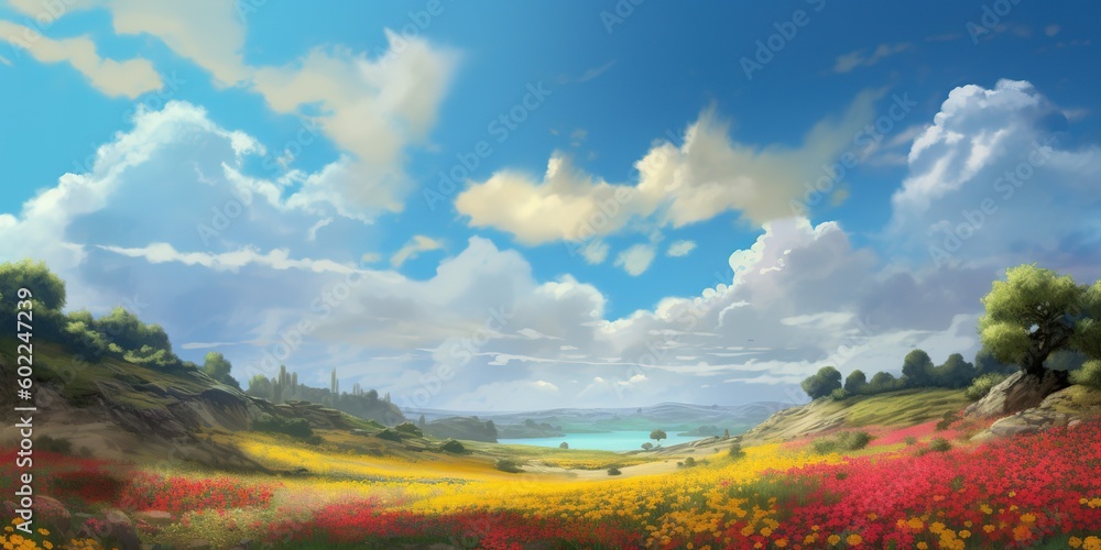Poster an image depicting a forest and a meadow filled with flowers generative ai