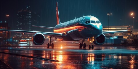 Fototapeta premium Plane on airport runway at night with cityscape glowing light background. Generative AI