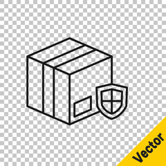 Black line Delivery security with shield icon isolated on transparent background. Delivery insurance. Insured cardboard boxes beyond the shield. Vector