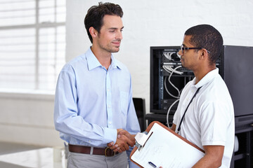 Server room, it support and clipboard with a technician shaking hands with a business man about cyber security. Network, database or agreement with an engineer consulting about information technology