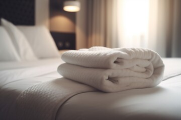 white bed hotel towel luxury home room fresh resort service. Generative AI.