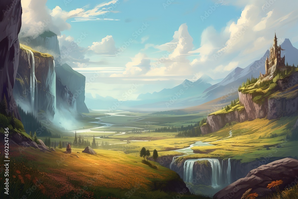Poster a picture depicting a mountainous setting with a waterfall generative ai
