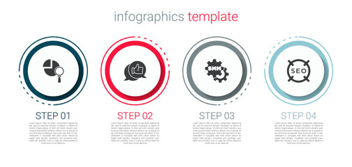 Set Magnifying glass and analysis, Customer product rating, Social media marketing and SEO optimization. Business infographic template. Vector