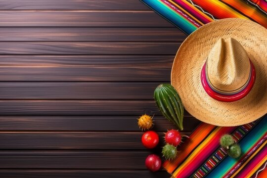 Cinco de Mayo background with cactus, sombrero hat, and maracas on a wooden table - Generative AI