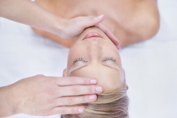 Relax, acupressure and facial massage, woman in beauty salon for health, wellness and luxury...