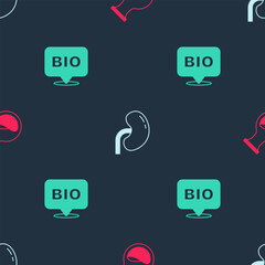 Set Test tube and flask, Human kidney and Bio healthy food on seamless pattern. Vector