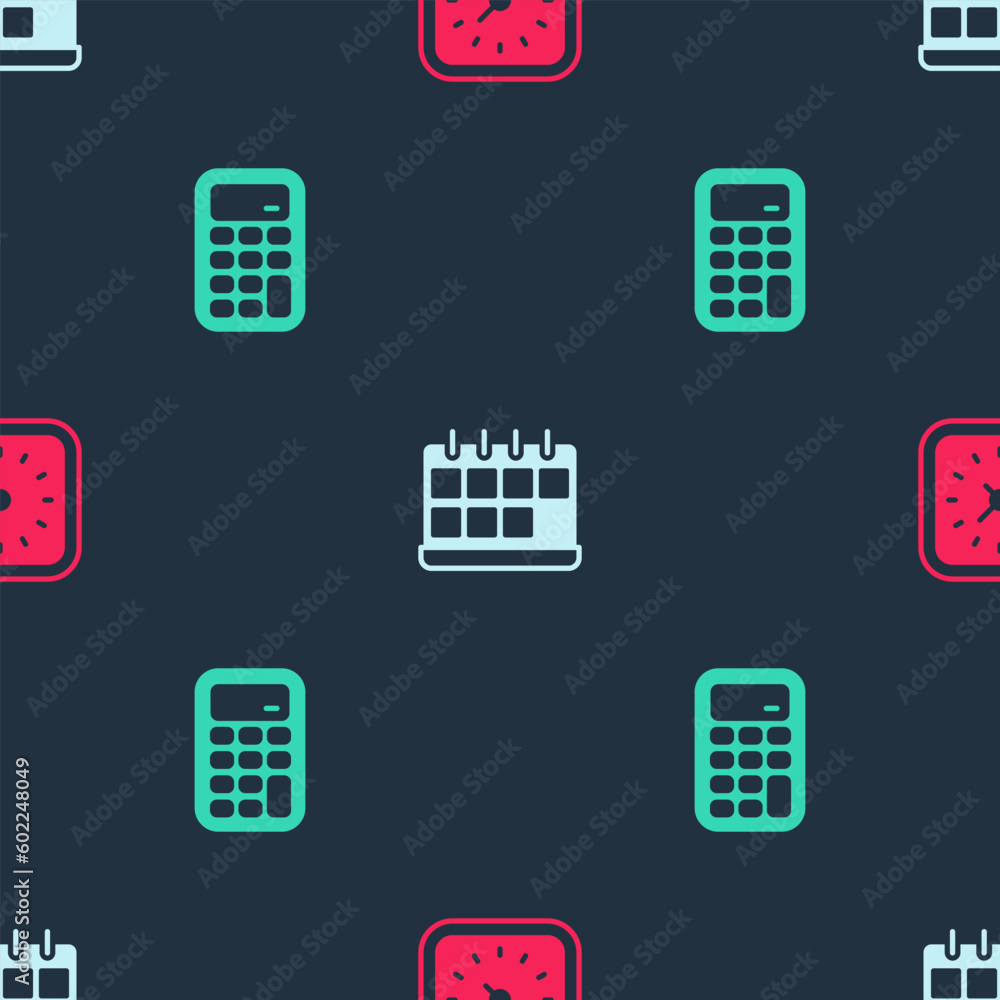 Poster set clock, calendar and calculator on seamless pattern. vector