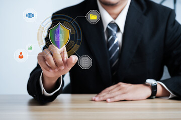 Businessman use laptop planning online System security business work. Business Cyber security internet and networking concept.