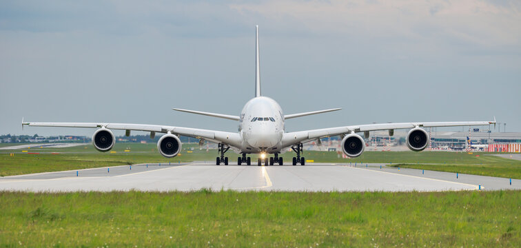 PRAGUE, Czech republic - May 13, 2023: Lufthansa Airbus A380 at Vaclav Havel airport Prague (PRG).The A380 is currently the largest passenger airliner. Lufthansa is the flag carrier of Germany.