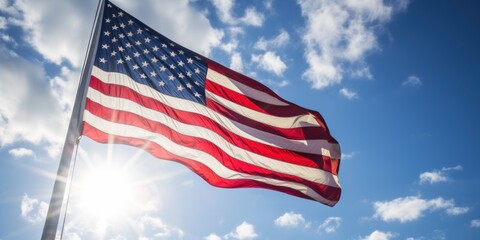 Obraz premium American Flag waving on blue sky background. USA Flag for Memorial Day or 4th of July. Generative AI