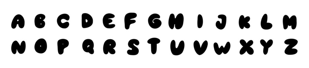 Childlike black english latin abc alphabet font A to Z. Vector illustration in handmade doodle, handwritten doodle style isolated on white background. For typography, wedding invitation, learning.