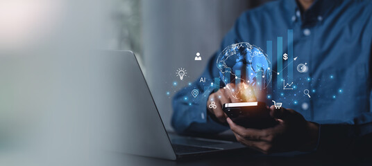 Businessmen use Internet connection technology and digital marketing , digital marketing technology concept .