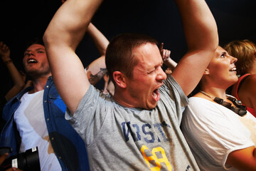 Music, dance and party with crowd at concert for rock, live band performance and festival show. New...