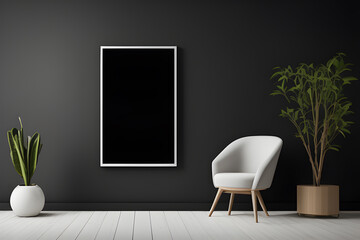 Black board on dark wall with chair and plants. Generative AI